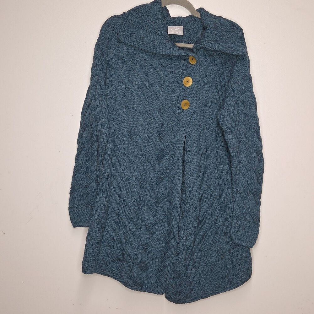 Aran Woollen Mills Cardigan Womens 2XL XXL Teal Merino Wool Cable Knit Sweater - Picture 4 of 8